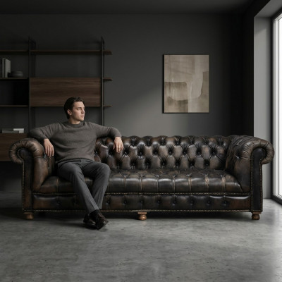 Klassesch Chesterfield Couche Schwaarz Englesch Wunnzëmmer Couchen