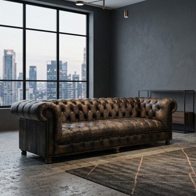 Klassesch Chesterfield Couche Schwaarz Englesch Wunnzëmmer Couchen