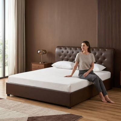 Modern Braun Chesterfield Duebelbett Designer Schlofzëmmer Bett