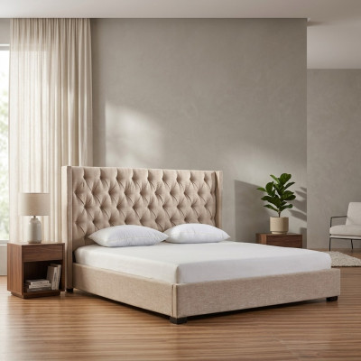 Beige Schlofschlofzëmmer Better gepolstert Bett Chesterfield Textilstoff Nei