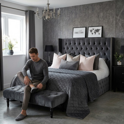 Grousst Stofferbett Chesterfield Design Gepolsterte Textil Designer Duebelbetter