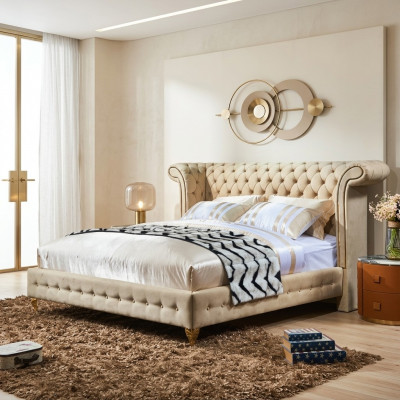 Klassesche Schlofzëmmer Bett Beige Textil Lieder Polster Duebelbett 180x200cm