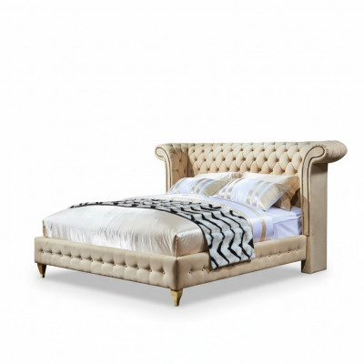Klassesche Schlofzëmmer Bett Beige Textil Lieder Polster Duebelbett 180x200cm