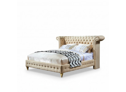 Klassesche Schlofzëmmer Bett Beige Textil Lieder Polster Duebelbett 180x200cm