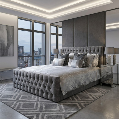 Grau stilvoll Chesterfield Duebelbett Designer Schlofzëmmer Better