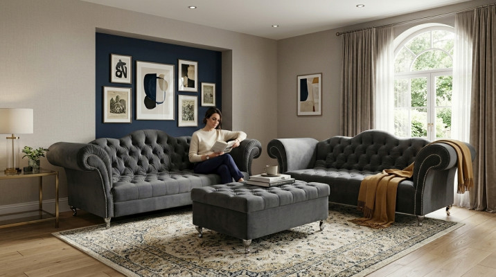 Sofagarnitur 3+2 Sëtzplazen + Hocker Chesterfield Sofa Stoff Lieder Couchen