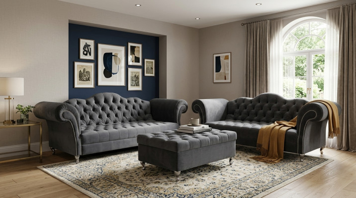 Sofagarnitur 3+2 Sëtzplazen + Hocker Chesterfield Sofa Stoff Lieder Couchen