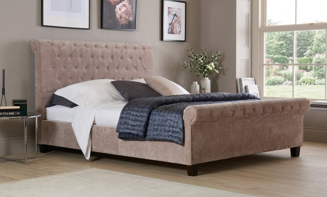 Chesterfield Design Samettbett Luxus Textilbetter Schlofzëmmer Duebel 160x200cm