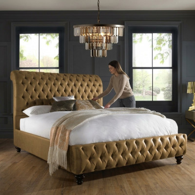 Gold Luxus Samt Textil England Bett Duebel Design Chesterfield 160x200cm Better