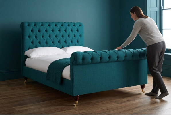 Türkis Chesterfield Duebelbett Designer Schlofzëmmer Polsterbetter