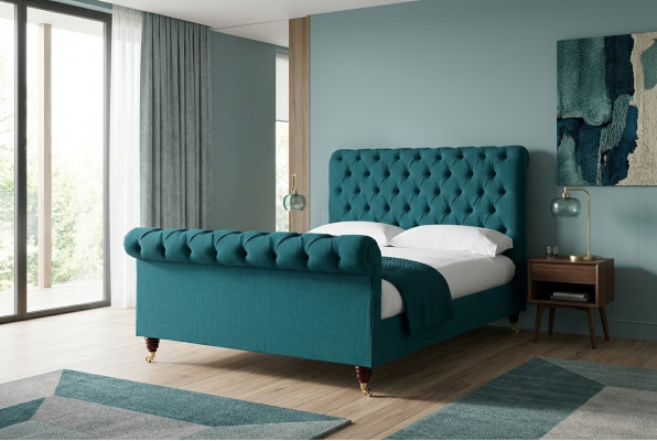 Türkis Chesterfield Duebelbett Designer Schlofzëmmer Polsterbetter