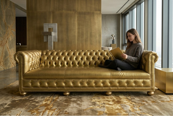 Chesterfield 4-Sëtz Canapé Couch Lieder Garnitur Polstersëtz Stëfter Gold Sëtz Nei