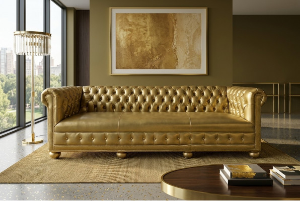 Chesterfield 4-Sëtz Canapé Couch Lieder Garnitur Polstersëtz Stëfter Gold Sëtz Nei