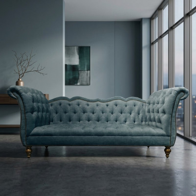 Englesche Luxus Canapé Chesterfield Faarweg Textil Cauch Türkis Blo Gréng Couchën