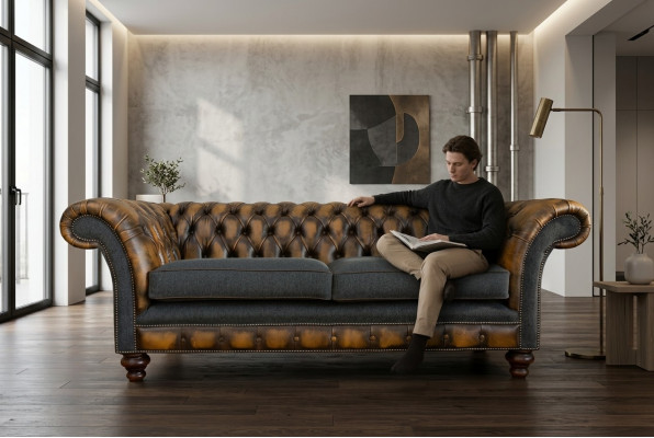 Design Chesterfield Sofa 3 Canapé-Set Stoffsëtz Lieder Triple Canapé