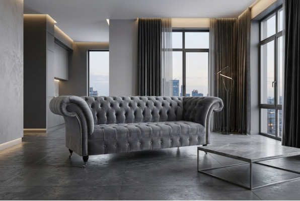 Moderne Chesterfield gro 3-Sëtzer Stilvolle Wunnzëmmer 3er Couch
