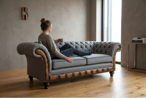Grau Chesterfield Stoffsofa Canapéen Canapé Sofa Sëtz Sofas Textil Nei Polster.