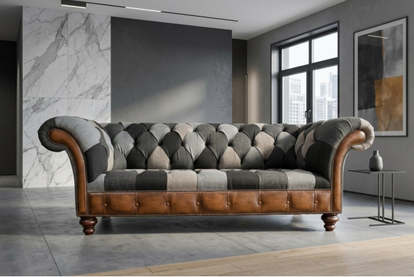Chesterfield Design Canapé 3-Sëtzer Canapéen Stoff Sofa Sëtz Polster Canapéen