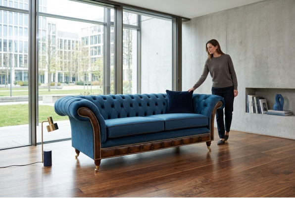 Blo Chesterfield Stoffsofa Couch Couchen Sofa Sëtz Sofas Polster Textil Nei