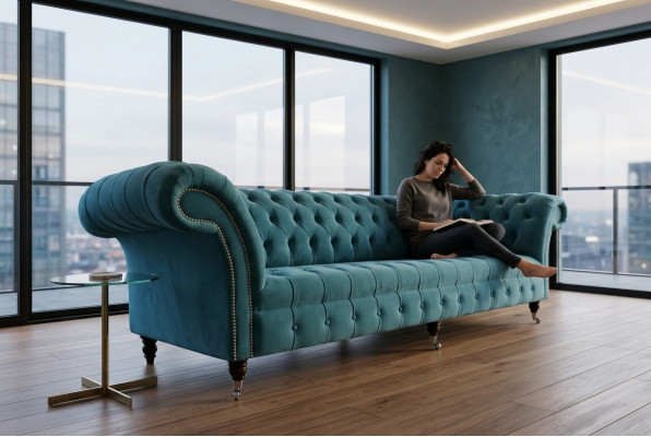 Chesterfield Kanapé XXL grouss Sofa Couchen Samt Lieder Textil Polster Sofas 4-Sëtzer
