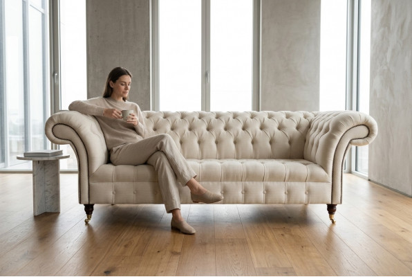 Modern beige Chesterfield 3-Sëtzer Sofa Wunnzëmmer Canapé