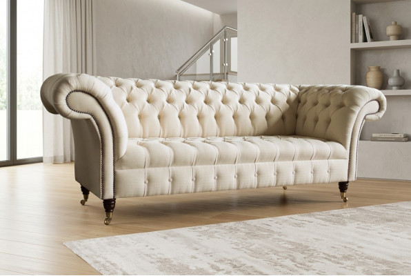Modern beige Chesterfield 3-Sëtzer Sofa Wunnzëmmer Canapé