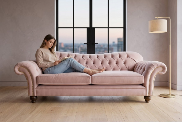 Klassesch Chesterfield Sofa 4 Sëtzer Sofa Couch Samt Lieder Design Rosa 240cm