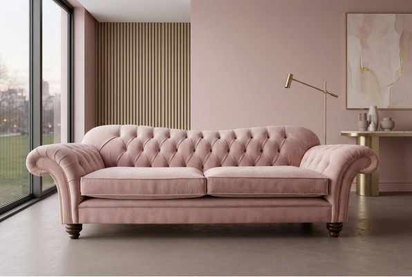 Klassesch Chesterfield Sofa 4 Sëtzer Sofa Couch Samt Lieder Design Rosa 240cm