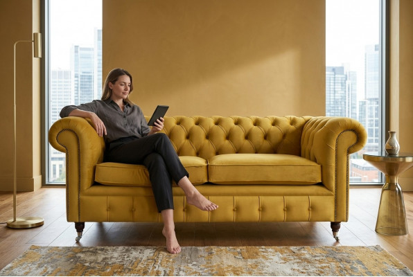 Gelber Chesterfield Zweisitzer Designer Wohnzimmer 2-er Couch