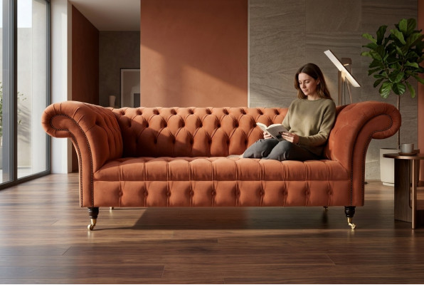 Luxus Orange Chesterfield 3-Sëtzer Designer Wunnzëmmer Couch