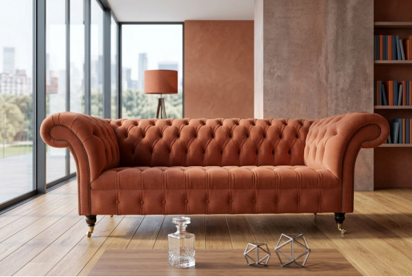 Luxus Orange Chesterfield 3-Sëtzer Designer Wunnzëmmer Couch