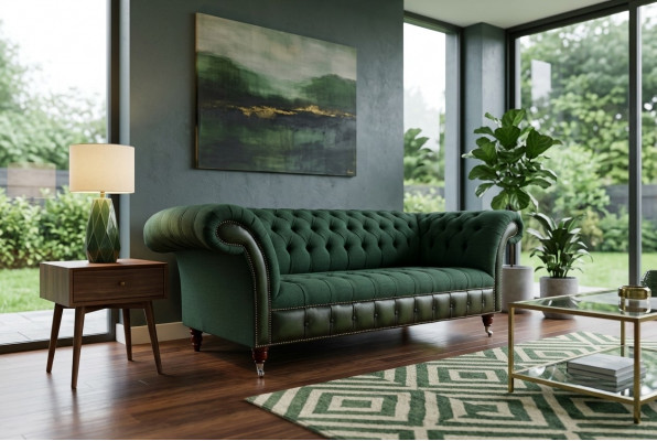 Designer gréngt Chesterfield Sofa Luxus 3-Sëtzer Wunnzëmmer Couch
