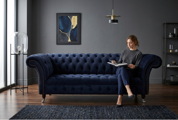 Dunkelbloën Chesterfield Dräi-Sëtzer Modern Wunnzëmmer Luxus Canapé