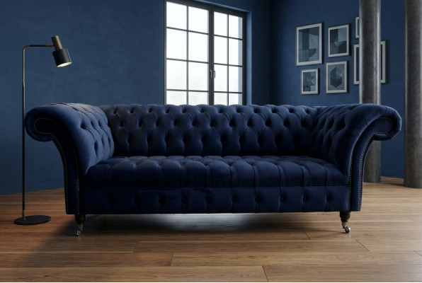 Dunkelbloën Chesterfield Dräi-Sëtzer Modern Wunnzëmmer Luxus Canapé