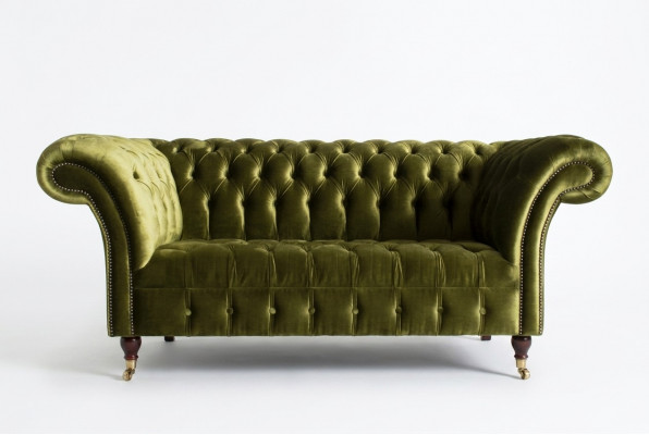 Klassesch Sofa 2 Sëtzer Chesterfield Couch Textil Samt Kristaller Gréng Samt Nei