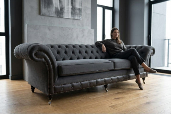 Klassesch Chesterfield Couch 4 Sëtzer Sofa Couch Samt Lieder Design Schwaarz Nei