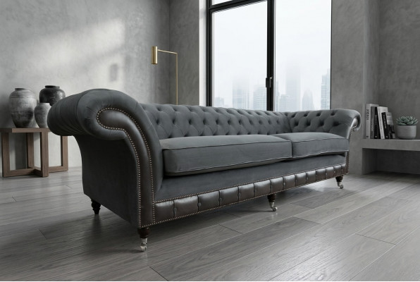 Klassesch Chesterfield Couch 4 Sëtzer Sofa Couch Samt Lieder Design Schwaarz Nei