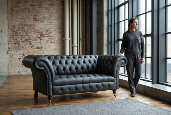 Chesterfield 2 Sëtzer Sofa Ledersofa Canapé Polstersëtz Garnitur Zweesëtzer Nei
