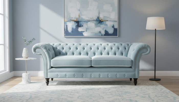 Hellbloen modernen Chesterfield Drësëtz-Liichtzëmmer Luxus-Couch