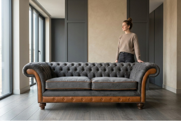 Grau-brongen Chesterfield 3-Sëtzer Luxus Couch fir d'Wunnzëmmer