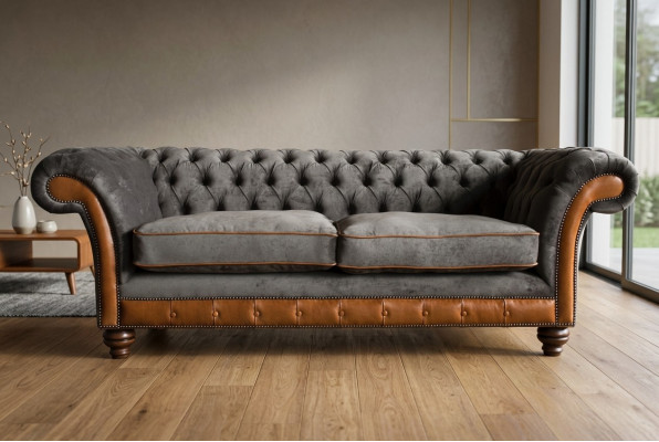 Grau-brongen Chesterfield 3-Sëtzer Luxus Couch fir d'Wunnzëmmer