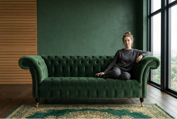 Klassesch Chesterfield Design Canapé 3 Sëtzer Sofa Canapé Samt Lieder grouss gréng nei