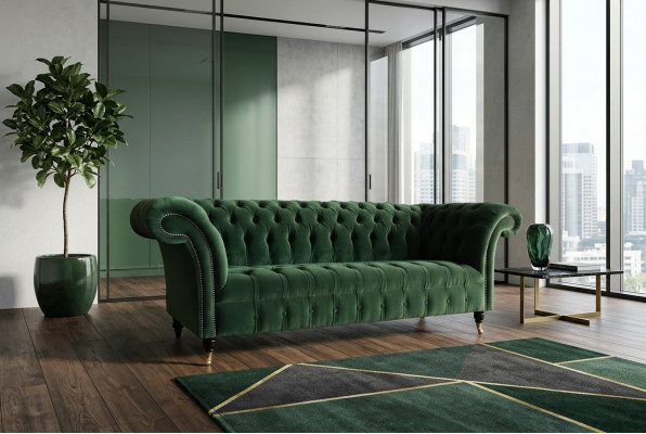 Klassesch Chesterfield Design Canapé 3 Sëtzer Sofa Canapé Samt Lieder grouss gréng nei