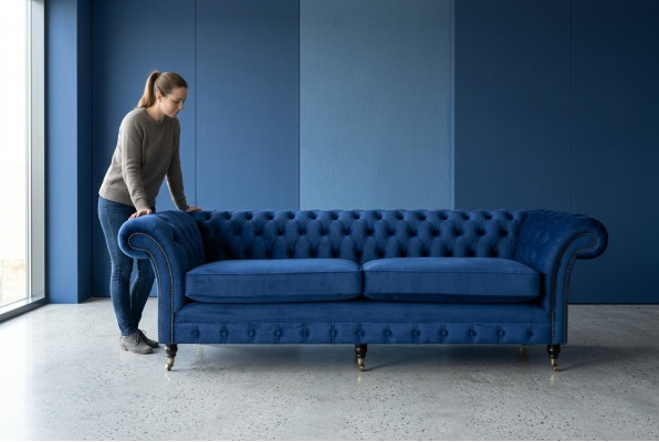 Klassesch Chesterfield Canapé 4 Sëtzer Sofa Canapé Samt Lieder Blo Design Polsterung