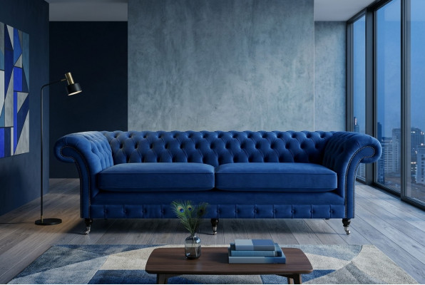 Klassesch Chesterfield Canapé 4 Sëtzer Sofa Canapé Samt Lieder Blo Design Polsterung