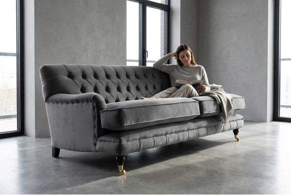 Chesterfield 3-Sëtzer Canapé Polster Textil Couchen Sëtz Wunnzëmmer Sofa Samt Nei