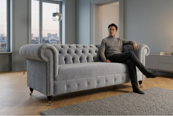 Groer Polster Chesterfield 3-Sëtzer Modern Sofa fir an de Wunnzëmmer