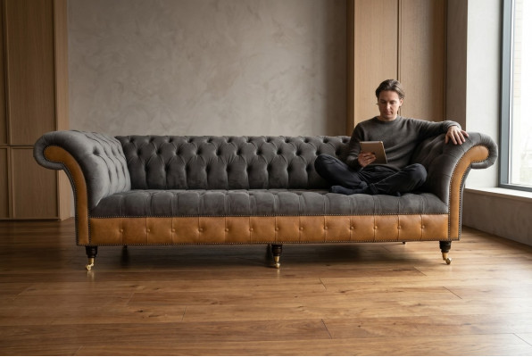 Grou-broun Chesterfield Canapé Designer 4-Sëtz Luxus Canapéen