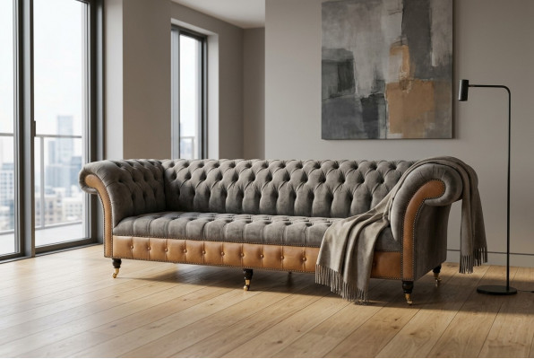 Grou-broun Chesterfield Canapé Designer 4-Sëtz Luxus Canapéen