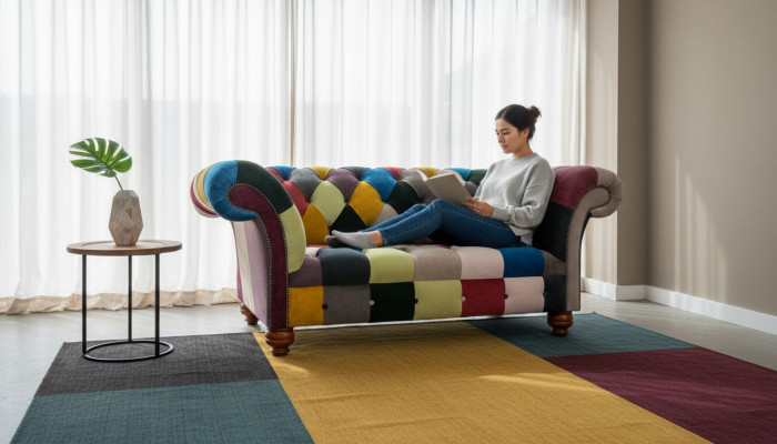 Modern Design Farbegen Chesterfield 2 Sëtzer Sofa Textil Canapé Polster Design